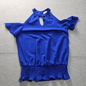 Cato Royal Blue Cold Shoulder Smocked Hem Blouse Top Small Keyhole Mock Neck